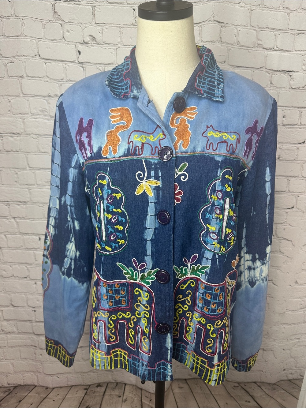 Madison Studio Embroidered Elephant Artwear Jacket M Boho Folk Art Cotton Lined